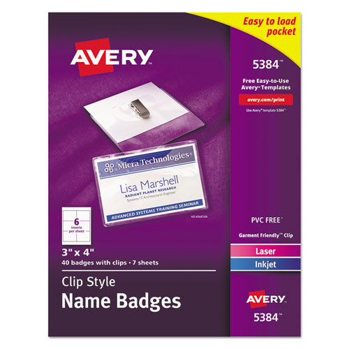 Avery® wholesale. AVERY Clip-style Name Badge Holder With Laser-inkjet Insert, Top Load, 4 X 3, White, 40-box. HSD Wholesale: Janitorial Supplies, Breakroom Supplies, Office Supplies.