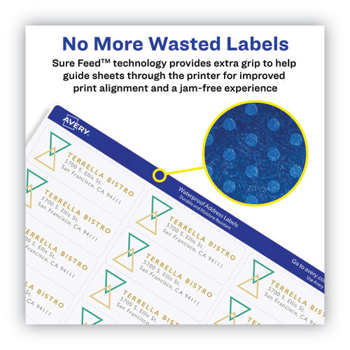 Avery® wholesale. AVERY Waterproof Address Labels With Trueblock And Sure Feed, Laser Printers, 1 X 2.63, White, 30-sheet, 50 Sheets-pack. HSD Wholesale: Janitorial Supplies, Breakroom Supplies, Office Supplies.