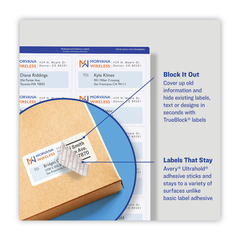 Avery® wholesale. AVERY Waterproof Address Labels With Trueblock And Sure Feed, Laser Printers, 1 X 2.63, White, 30-sheet, 50 Sheets-pack. HSD Wholesale: Janitorial Supplies, Breakroom Supplies, Office Supplies.