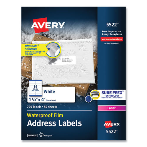 Avery® wholesale. AVERY Waterproof Address Labels With Trueblock And Sure Feed, Laser Printers, 1.33 X 4, White, 14-sheet, 50 Sheets-pack. HSD Wholesale: Janitorial Supplies, Breakroom Supplies, Office Supplies.