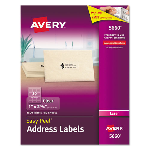 Avery® wholesale. AVERY Matte Clear Easy Peel Mailing Labels W- Sure Feed Technology, Laser Printers, 1 X 2.63, Clear, 30-sheet, 50 Sheets-box. HSD Wholesale: Janitorial Supplies, Breakroom Supplies, Office Supplies.