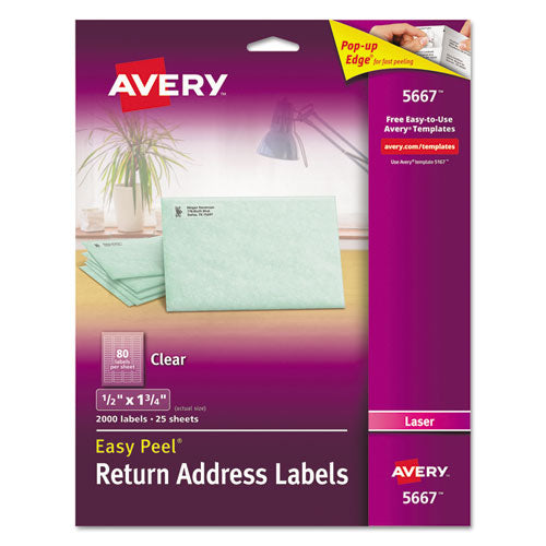 Avery® wholesale. AVERY Matte Clear Easy Peel Mailing Labels W- Sure Feed Technology, Laser Printers, 0.5 X 1.75, Clear, 80-sheet, 25 Sheets-box. HSD Wholesale: Janitorial Supplies, Breakroom Supplies, Office Supplies.