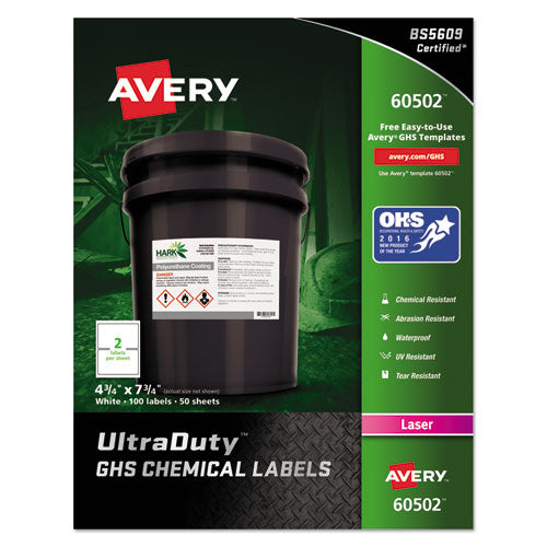 Avery® wholesale. AVERY Ultraduty Ghs Chemical Waterproof And Uv Resistant Labels, 4.75 X 7.75, White, 2-sheet, 50 Sheets-box. HSD Wholesale: Janitorial Supplies, Breakroom Supplies, Office Supplies.