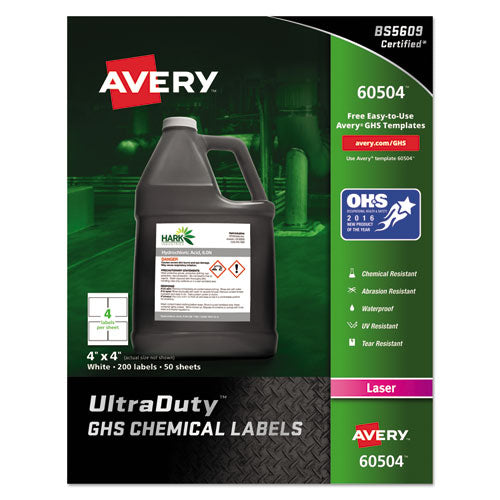 Avery® wholesale. AVERY Ultraduty Ghs Chemical Waterproof And Uv Resistant Labels, 4 X 4, White, 4-sheet, 50 Sheets-box. HSD Wholesale: Janitorial Supplies, Breakroom Supplies, Office Supplies.