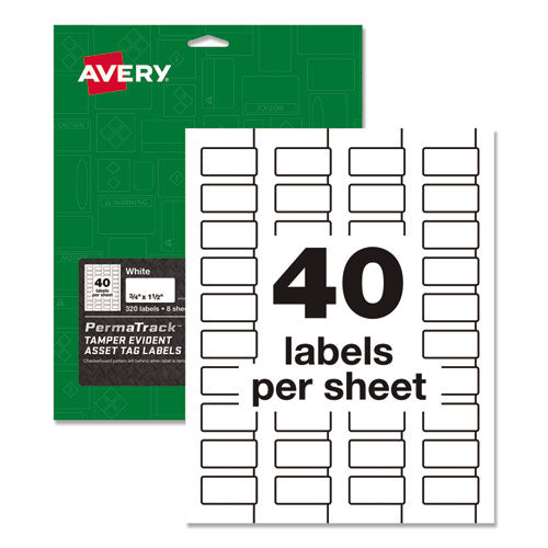 Avery® wholesale. AVERY Permatrack Tamper-evident Asset Tag Labels, Laser Printers, 0.75 X 1.5, White, 40-sheet, 8 Sheets-pack. HSD Wholesale: Janitorial Supplies, Breakroom Supplies, Office Supplies.