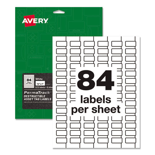 Avery® wholesale. AVERY Permatrack Destructible Asset Tag Labels, Laser Printers, 0.5 X 1, White, 84-sheet, 8 Sheets-pack. HSD Wholesale: Janitorial Supplies, Breakroom Supplies, Office Supplies.