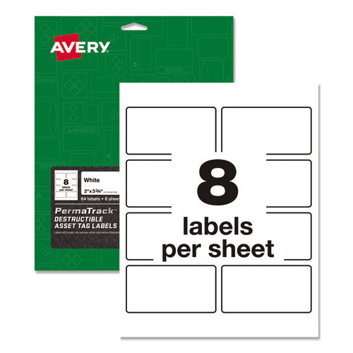 Avery® wholesale. AVERY Permatrack Destructible Asset Tag Labels, Laser Printers, 2 X 3.75, White, 8-sheet, 8 Sheets-pack. HSD Wholesale: Janitorial Supplies, Breakroom Supplies, Office Supplies.