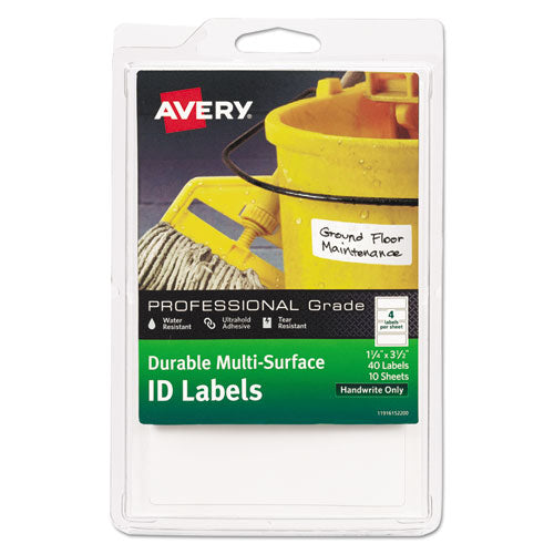 Avery® wholesale. AVERY Durable Permanent Multi-surface Id Labels, Inkjet-laser Printers, 1.25 X 3.5, White, 4-sheet, 10 Sheets-pack. HSD Wholesale: Janitorial Supplies, Breakroom Supplies, Office Supplies.