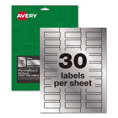 Avery® wholesale. AVERY Permatrack Metallic Asset Tag Labels, Laser Printers, 0.75 X 2, Metallic Silver, 30-sheet, 8 Sheets-pack. HSD Wholesale: Janitorial Supplies, Breakroom Supplies, Office Supplies.