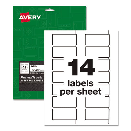 Avery® wholesale. AVERY Permatrack Durable White Asset Tag Labels, Laser Printers, 1.25 X 2.75, White, 14-sheet, 8 Sheets-pack. HSD Wholesale: Janitorial Supplies, Breakroom Supplies, Office Supplies.