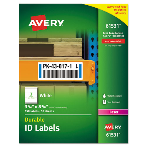 Avery® wholesale. AVERY Durable Permanent Id Labels With Trueblock Technology, Laser Printers, 3.25 X 8.38, White, 3-sheet, 50 Sheets-pack. HSD Wholesale: Janitorial Supplies, Breakroom Supplies, Office Supplies.