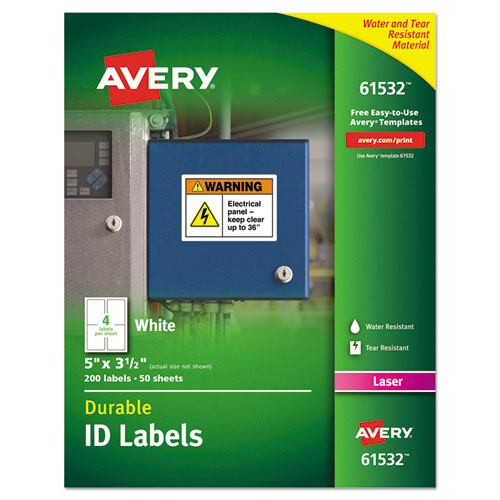 Avery® wholesale. AVERY Durable Permanent Id Labels With Trueblock Technology, Laser Printers, 3.5 X 5, White, 4-sheet, 50 Sheets-pack. HSD Wholesale: Janitorial Supplies, Breakroom Supplies, Office Supplies.