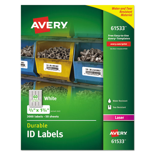 Avery® wholesale. AVERY Durable Permanent Id Labels With Trueblock Technology, Laser Printers, 0.66 X 1.75, White, 60-sheet, 50 Sheets-pack. HSD Wholesale: Janitorial Supplies, Breakroom Supplies, Office Supplies.