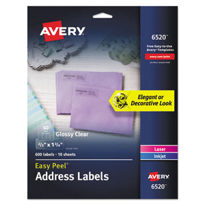 Avery® wholesale. AVERY Glossy Clear Easy Peel Mailing Labels W- Sure Feed Technology, Inkjet-laser Printers, 0.66 X 1.75, 60-sheet, 10 Sheets-pk. HSD Wholesale: Janitorial Supplies, Breakroom Supplies, Office Supplies.