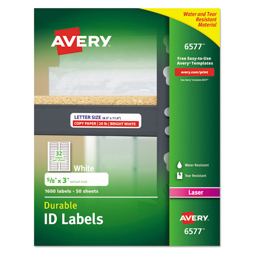 Avery® wholesale. AVERY Durable Permanent Id Labels With Trueblock Technology, Laser Printers, 0.63 X 3, White, 32-sheet, 50 Sheets-pack. HSD Wholesale: Janitorial Supplies, Breakroom Supplies, Office Supplies.