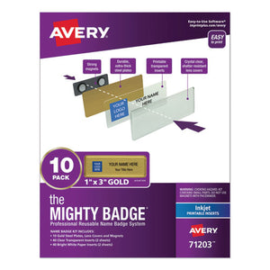 Avery® wholesale. The Mighty Badge Name Badge Holder Kit, Horizontal, 3 X 1, Inkjet, Gold, 10 Holders- 80 Inserts. HSD Wholesale: Janitorial Supplies, Breakroom Supplies, Office Supplies.