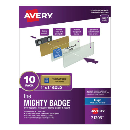 Avery® wholesale. The Mighty Badge Name Badge Holder Kit, Horizontal, 3 X 1, Inkjet, Gold, 10 Holders- 80 Inserts. HSD Wholesale: Janitorial Supplies, Breakroom Supplies, Office Supplies.