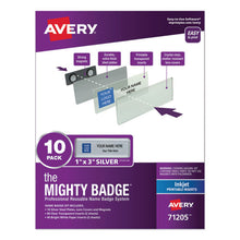 Load image into Gallery viewer, Avery® wholesale. The Mighty Badge Name Badge Holder Kit, Horizontal, 3 X 1, Inkjet, Silver, 10 Holders- 80 Inserts. HSD Wholesale: Janitorial Supplies, Breakroom Supplies, Office Supplies.