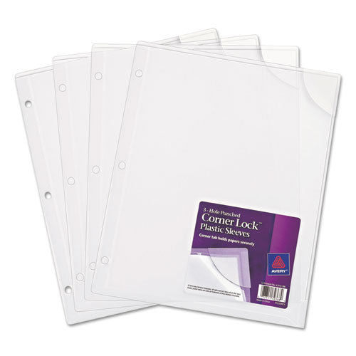 Avery® wholesale. Three-hole Punched Corner Lock Plastic Sleeves, 11 3-4 X 9 1-2, Clear, 4-pack. HSD Wholesale: Janitorial Supplies, Breakroom Supplies, Office Supplies.