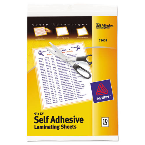 Avery® wholesale. AVERY Clear Self-adhesive Laminating Sheets, 3 Mil, 9" X 12", Matte Clear, 10-pack. HSD Wholesale: Janitorial Supplies, Breakroom Supplies, Office Supplies.