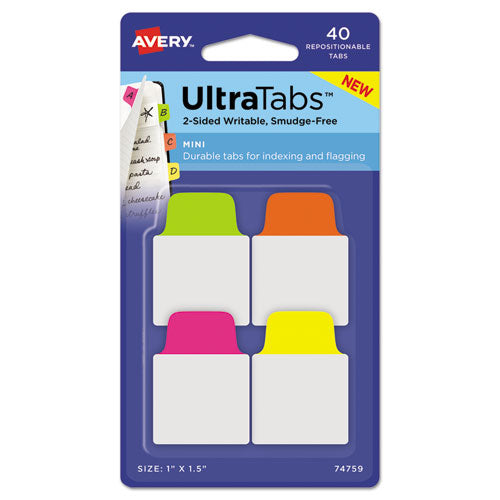 Avery® wholesale. AVERY Ultra Tabs Repositionable Mini Tabs, 1-5-cut Tabs, Assorted Neon, 1" Wide, 40-pack. HSD Wholesale: Janitorial Supplies, Breakroom Supplies, Office Supplies.