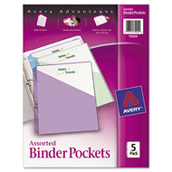 Avery® wholesale. AVERY Binder Pockets, 3-hole Punched, 9 1-4 X 11, Assorted Colors, 5-pack. HSD Wholesale: Janitorial Supplies, Breakroom Supplies, Office Supplies.