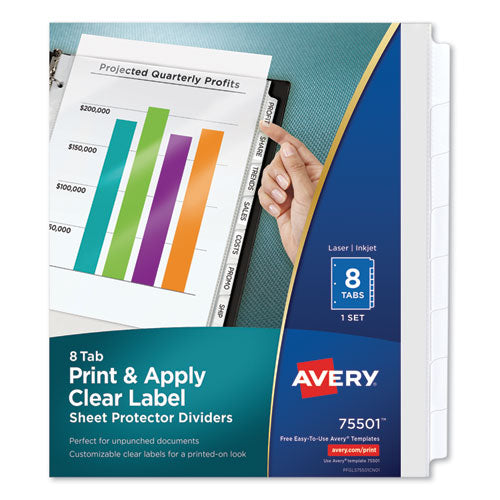 Avery® wholesale. AVERY Print And Apply Index Maker Clear Label Sheet Protector Dividers With White Tabs, 8-tab, 11 X 8.5, Clear, 1 Set. HSD Wholesale: Janitorial Supplies, Breakroom Supplies, Office Supplies.