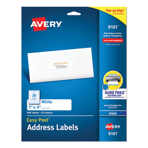 Avery® wholesale. AVERY Easy Peel White Address Labels W- Sure Feed Technology, Inkjet Printers, 1 X 4, White, 20-sheet, 25 Sheets-pack. HSD Wholesale: Janitorial Supplies, Breakroom Supplies, Office Supplies.