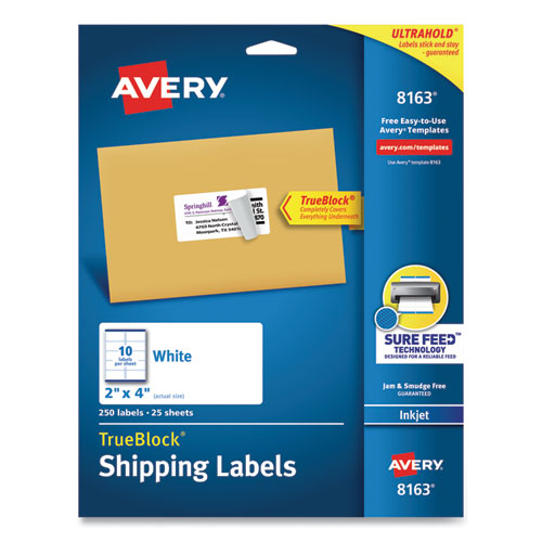 Avery® wholesale. AVERY Shipping Labels W- Trueblock Technology, Inkjet Printers, 2 X 4, White, 10-sheet, 25 Sheets-pack. HSD Wholesale: Janitorial Supplies, Breakroom Supplies, Office Supplies.