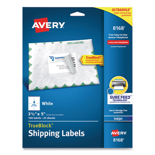 Avery® wholesale. AVERY Shipping Labels W- Trueblock Technology, Inkjet Printers, 3.5 X 5, White, 4-sheet, 25 Sheets-pack. HSD Wholesale: Janitorial Supplies, Breakroom Supplies, Office Supplies.