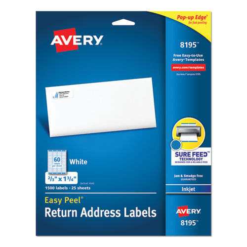 Avery® wholesale. AVERY Easy Peel White Address Labels W- Sure Feed Technology, Inkjet Printers, 0.66 X 1.75, White, 60-sheet, 25 Sheets-pack. HSD Wholesale: Janitorial Supplies, Breakroom Supplies, Office Supplies.