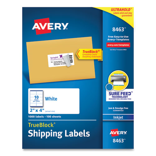 Avery® wholesale. AVERY Shipping Labels W- Trueblock Technology, Inkjet Printers, 2 X 4, White, 10-sheet, 100 Sheets-box. HSD Wholesale: Janitorial Supplies, Breakroom Supplies, Office Supplies.