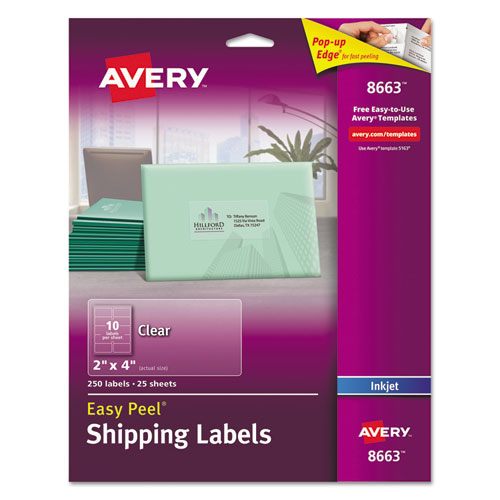 Avery® wholesale. AVERY Matte Clear Easy Peel Mailing Labels W- Sure Feed Technology, Inkjet Printers, 2 X 4, Clear, 10-sheet, 25 Sheets-pack. HSD Wholesale: Janitorial Supplies, Breakroom Supplies, Office Supplies.