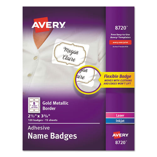 Avery® wholesale. AVERY Flexible Adhesive Name Badge Labels, 3 3-8 X 2 1-3, White-gold Border, 120-pk. HSD Wholesale: Janitorial Supplies, Breakroom Supplies, Office Supplies.