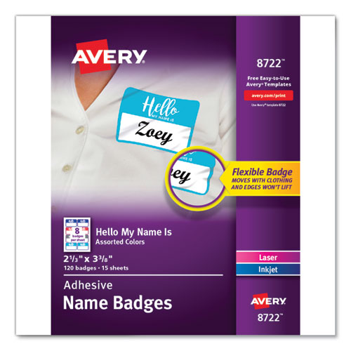 Avery® wholesale. AVERY Flexible Adhesive Name Badge Labels, "hello", 3 3-8 X 2 1-3, Assorted, 120-pk. HSD Wholesale: Janitorial Supplies, Breakroom Supplies, Office Supplies.