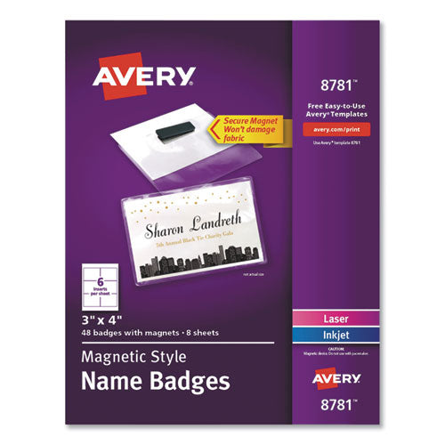Avery® wholesale. AVERY Magnetic Style Name Badge Kit, Horizontal, 4" X 3", White, 48-pack. HSD Wholesale: Janitorial Supplies, Breakroom Supplies, Office Supplies.