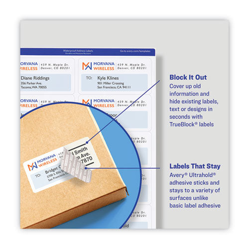 Avery® wholesale. AVERY Waterproof Shipping Labels With Trueblock And Sure Feed, Laser Printers, 2 X 4, White, 10-sheet, 500 Sheets-box. HSD Wholesale: Janitorial Supplies, Breakroom Supplies, Office Supplies.