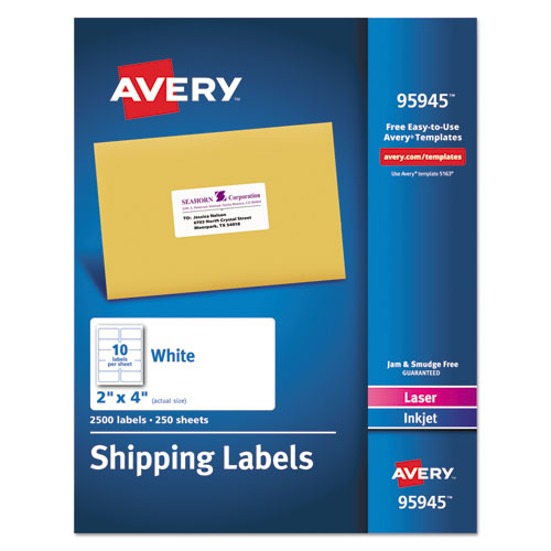 Avery® wholesale. AVERY White Shipping Labels-bulk Packs, Inkjet-laser Printers, 2 X 4, White, 10-sheet, 250 Sheets-box. HSD Wholesale: Janitorial Supplies, Breakroom Supplies, Office Supplies.