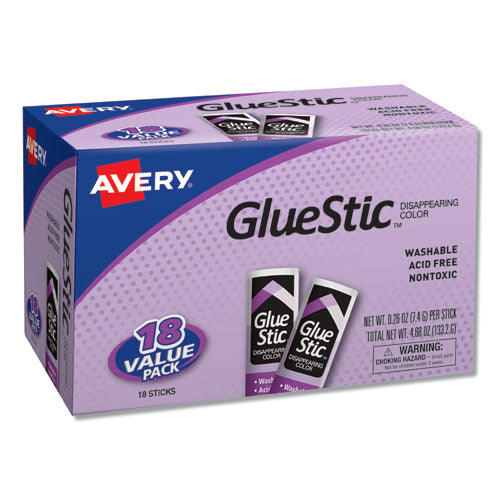 Avery® wholesale. AVERY Permanent Glue Stic Value Pack, 0.26 Oz, Applies Purple, Dries Clear, 18-pack. HSD Wholesale: Janitorial Supplies, Breakroom Supplies, Office Supplies.