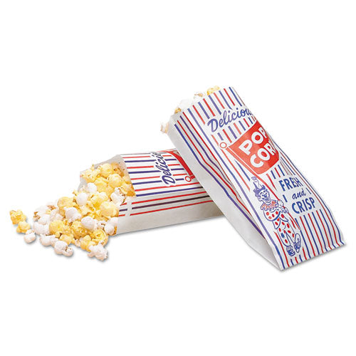 Bagcraft wholesale. Pinch-bottom Paper Popcorn Bag, 4 X 1.5 X 8, Blue-red-white, 1,000-carton. HSD Wholesale: Janitorial Supplies, Breakroom Supplies, Office Supplies.