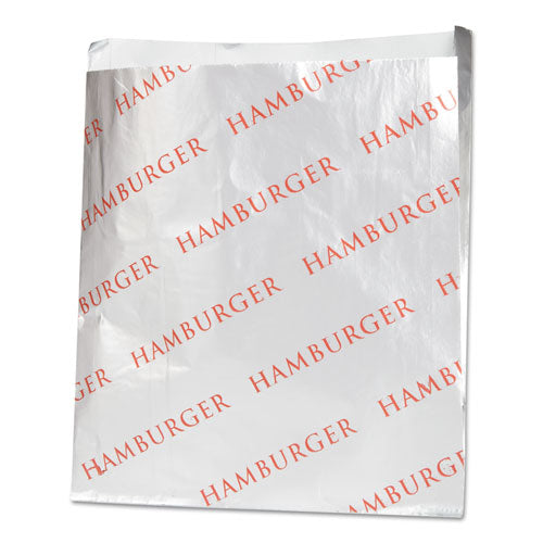 Bagcraft wholesale. Foil Single-serve Bags, 6" X 6.5", Silver, Hamburger Design, 1,000-carton. HSD Wholesale: Janitorial Supplies, Breakroom Supplies, Office Supplies.