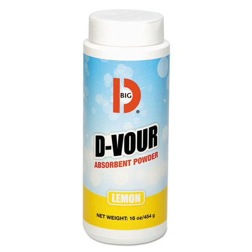 Big D Industries wholesale. D-vour Absorbent Powder, Canister, Lemon, 16oz, 6-carton. HSD Wholesale: Janitorial Supplies, Breakroom Supplies, Office Supplies.