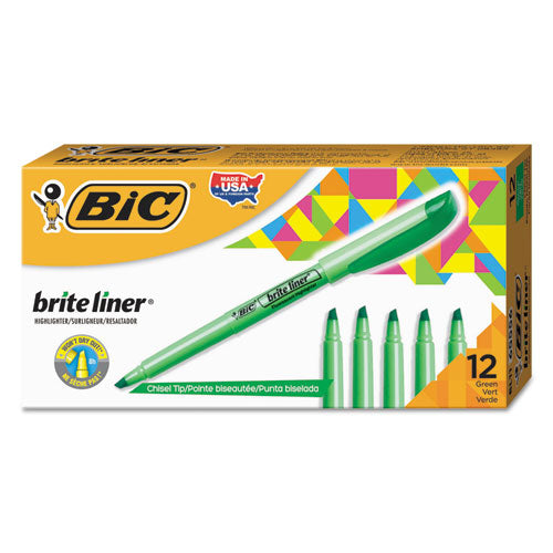 BIC® wholesale. BIC Brite Liner Highlighter, Chisel Tip, Fluorescent Green, Dozen. HSD Wholesale: Janitorial Supplies, Breakroom Supplies, Office Supplies.