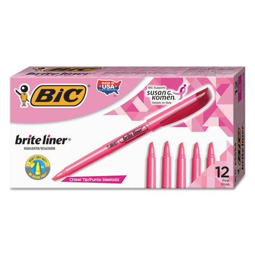 BIC® wholesale. BIC Brite Liner Highlighter, Chisel Tip, Fluorescent Pink, Dozen. HSD Wholesale: Janitorial Supplies, Breakroom Supplies, Office Supplies.
