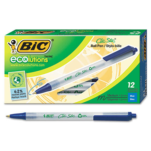 BIC® wholesale. BIC Ecolutions Clic Stic Retractable Ballpoint Pen, 1mm, Blue Ink, Clear Barrel, Dozen. HSD Wholesale: Janitorial Supplies, Breakroom Supplies, Office Supplies.