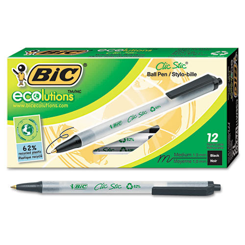 BIC® wholesale. BIC Ecolutions Clic Stic Retractable Ballpoint Pen, 1mm, Black Ink, Clear Barrel, Dozen. HSD Wholesale: Janitorial Supplies, Breakroom Supplies, Office Supplies.