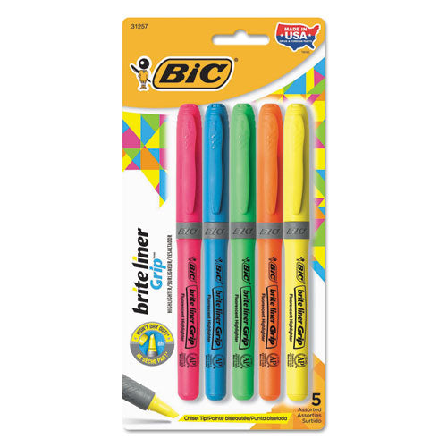 BIC® wholesale. BIC Brite Liner Grip Pocket Highlighter , Chisel Tip, Assorted Colors, 5-set. HSD Wholesale: Janitorial Supplies, Breakroom Supplies, Office Supplies.