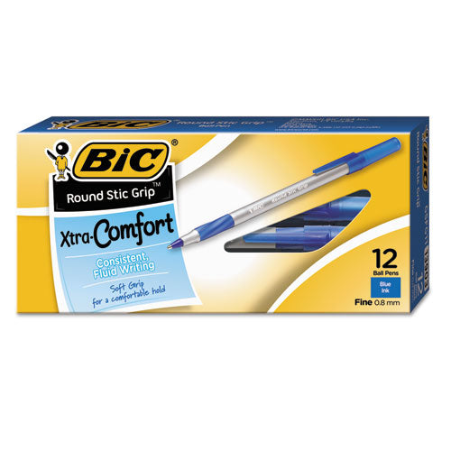 BIC® wholesale. BIC Round Stic Grip Xtra Comfort Stick Ballpoint Pen, 0.8mm, Blue Ink, Gray Barrel, Dozen. HSD Wholesale: Janitorial Supplies, Breakroom Supplies, Office Supplies.