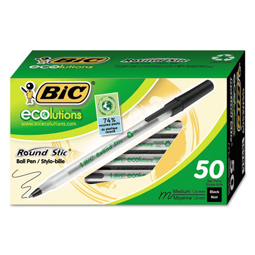 BIC® wholesale. BIC Ecolutions Round Stic Stick Ballpoint Pen Value Pack, 1mm, Black Ink, Clear Barrel, 50-pack. HSD Wholesale: Janitorial Supplies, Breakroom Supplies, Office Supplies.