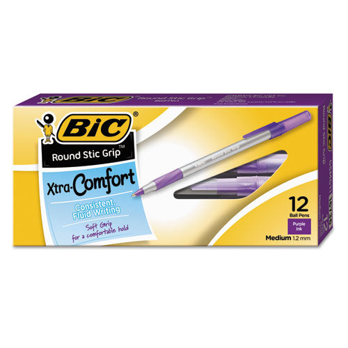 BIC® wholesale. BIC Round Stic Grip Xtra Comfort Stick Ballpoint Pen, 1.2mm, Purple Ink, Gray Barrel, Dozen. HSD Wholesale: Janitorial Supplies, Breakroom Supplies, Office Supplies.